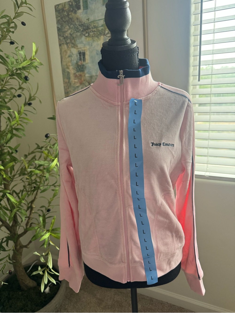 Juicy Couture Pink Velour Bomber Jacket with Navy Trim